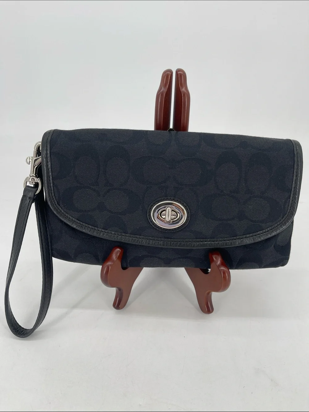 Vintage Coach Signature Black Canvas Turn-Lock Wristlet/Clutch